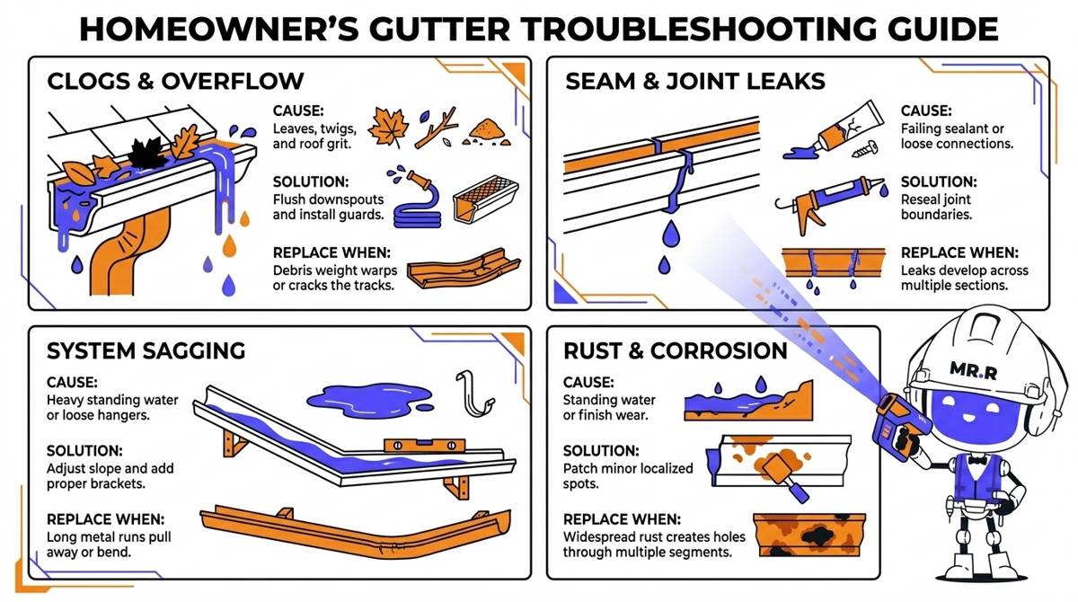 A practical homeowner diagnostic infographic outlining the causes, visual solutions, and replacement triggers for clogs, leaks, sagging, and structural gutter rust.